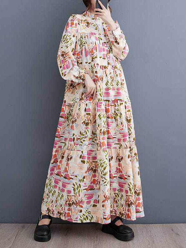Pleated Printed Split-Joint Long Sleeves Loose Stand Collar Shirt Dress Midi Dresses