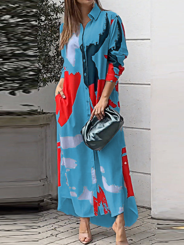 Buttoned Contrast Color Pockets Printed Split-Side Loose Wrap Shirt Dress