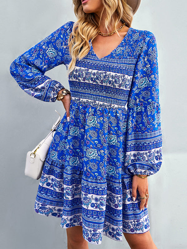 Bohemia A-Line Loose Floral Printed V-Neck Dress