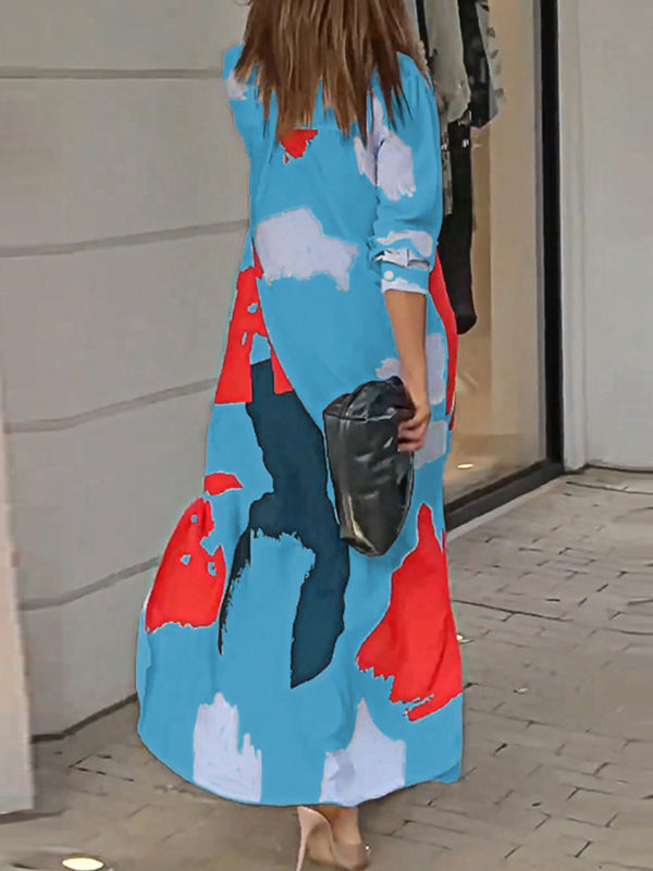 Buttoned Contrast Color Pockets Printed Split-Side Loose Wrap Shirt Dress
