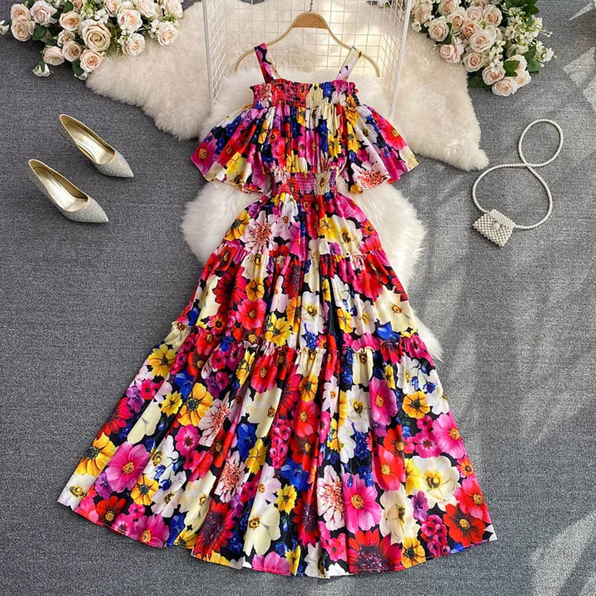 Printed Off Shoulder Maxi Dress Flaxmaker