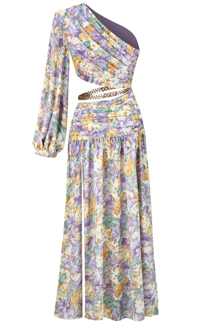 One Shoulder Cut out Floral Printed Dress
