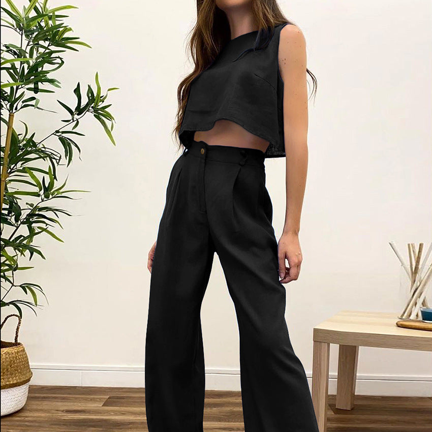 Cotton and Linen Sleeveless Solid Color Two Piece Set