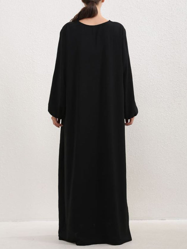 Pleated Solid Color Split-Joint Long Sleeves Loose Round-Neck Maxi Dresses