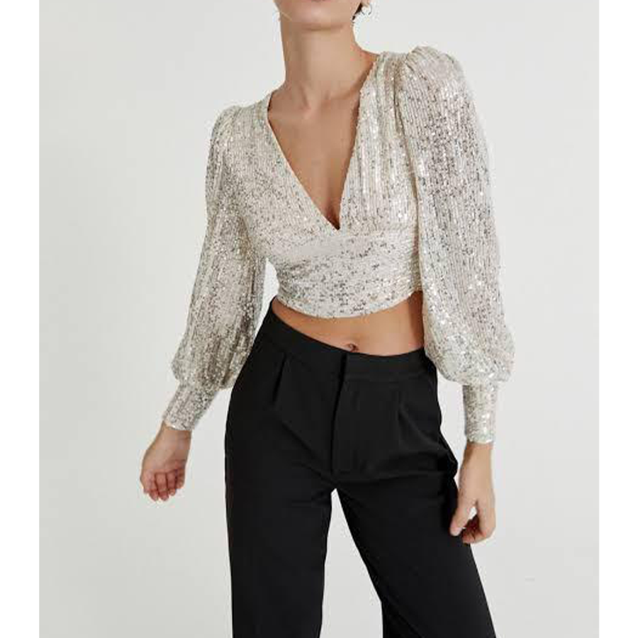 Flaxmaker Sequined Hot Drill Tarpaulin Sleeve V-neck Top Two Piece Set