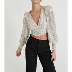 Flaxmaker Sequined Hot Drill Tarpaulin Sleeve V-neck Top Two Piece Set