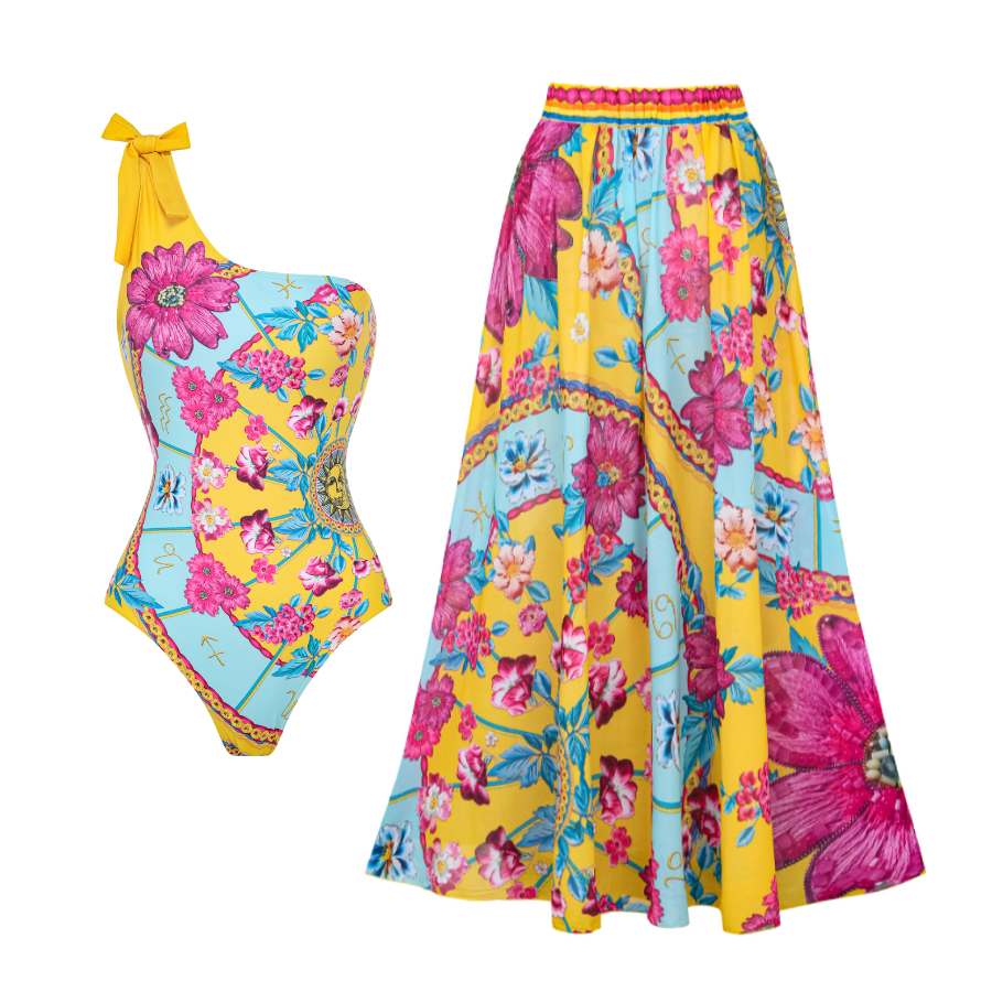 Constellation Flower Print One Shoulder One Piece Swimsuit and Sarong (Shipped on Jan 4th)