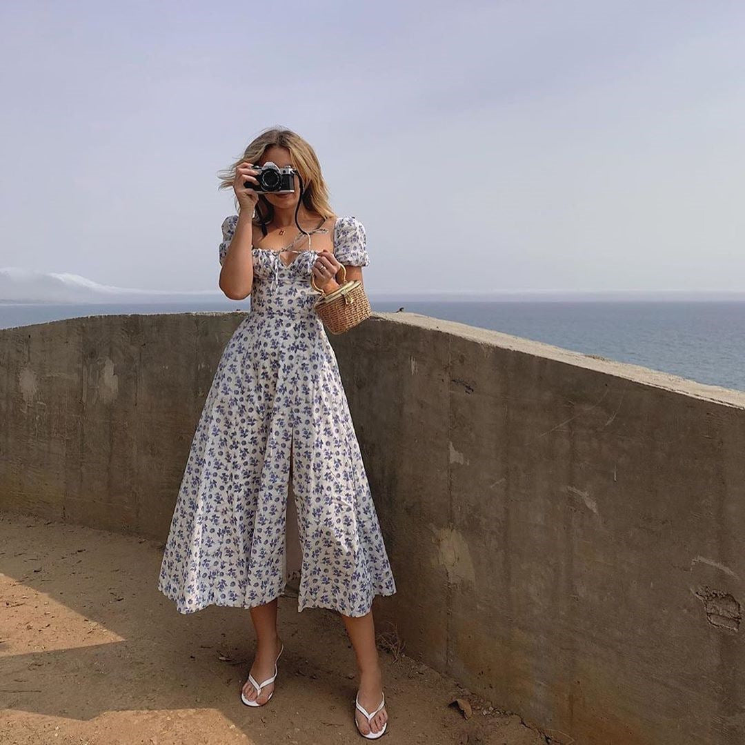 Square Collar Floral Midi Dress