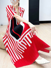 Pleated Printed A-line Loose V-neck Midi Dresses