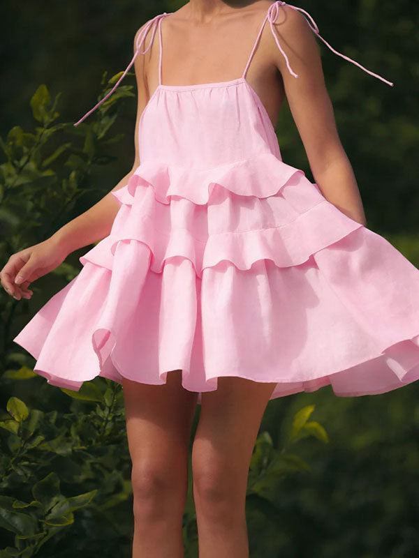 Backless Layered Pleated Solid Color Tied High Waisted Loose Spaghetti-Neck Mini Dresses