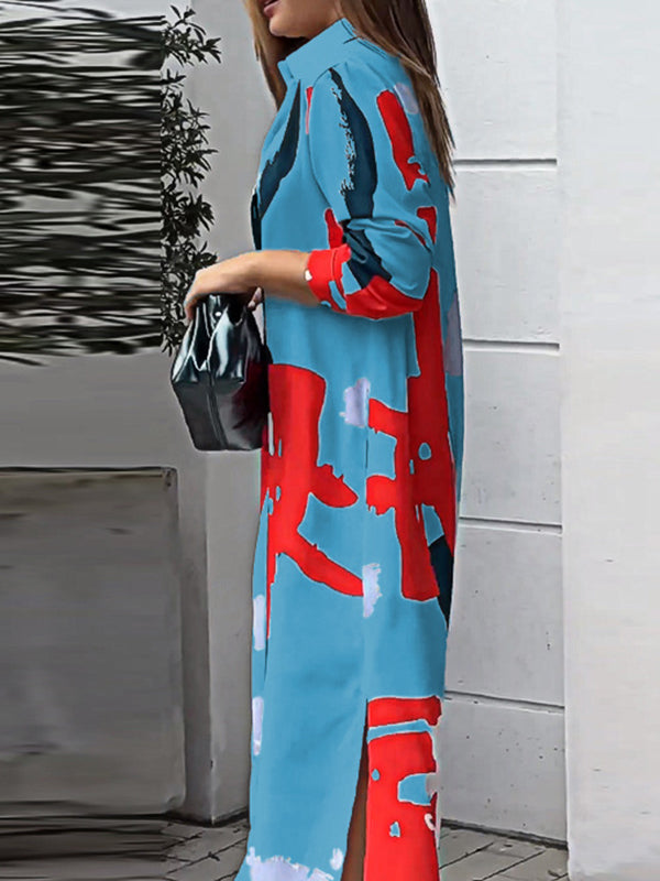 Buttoned Contrast Color Pockets Printed Split-Side Loose Wrap Shirt Dress