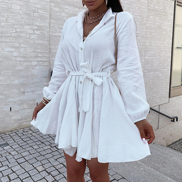 V Neck Long Sleeve Waist Lace Solid Color Mini Dress