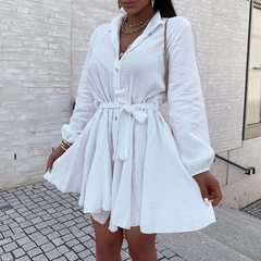 V Neck Long Sleeve Waist Lace Solid Color Mini Dress
