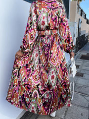 Belted Elasticity Printed Split-Front High Waisted Long Sleeves V-Neck Maxi Dresses