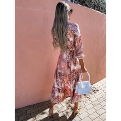 V Neck Paisley Printed Midi Dress