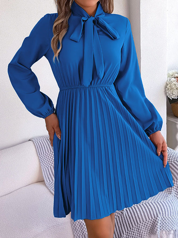 Pleated Solid Color Tied Long Sleeves Loose Mock Neck Mini Dresses