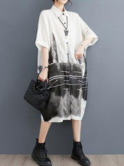 Printed Half Sleeves Loose Lapel Midi Dresses
