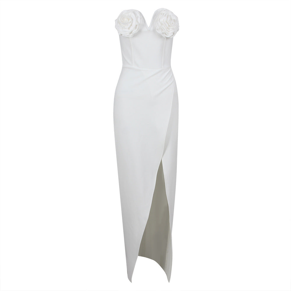 Bandeau 3D Flower Slit Dress