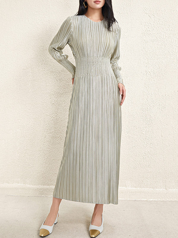 Bronzing Pleated Shiny Solid Color A-Line High Waisted Round-Neck Midi Dresses