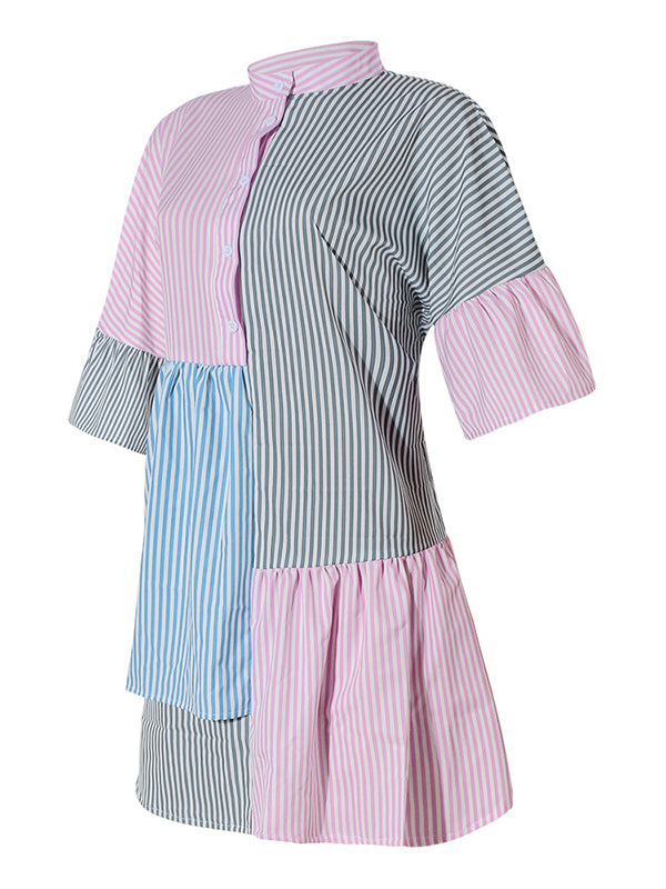 Buttoned Contrast Color Pleated Split-Joint Striped Long Sleeves Loose Stand Collar Shirt Dress Mini Dresses