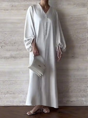 Loose Puff Sleeves Drawstring Solid Color Split-Joint V-Neck Maxi Dresses Shirt Dress