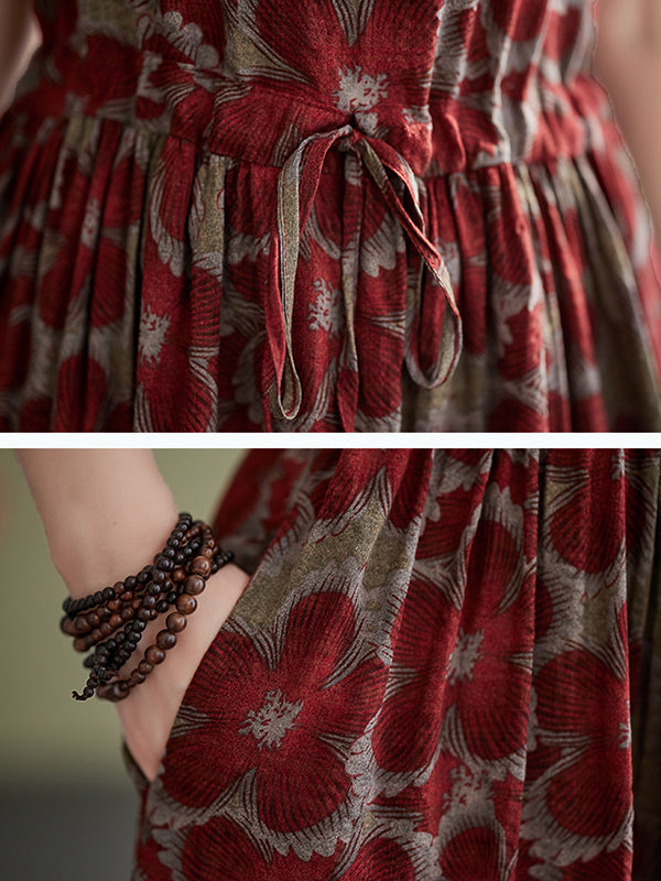 Drawstring Floral Printed Loose Oversize Round-neck Midi Dresses