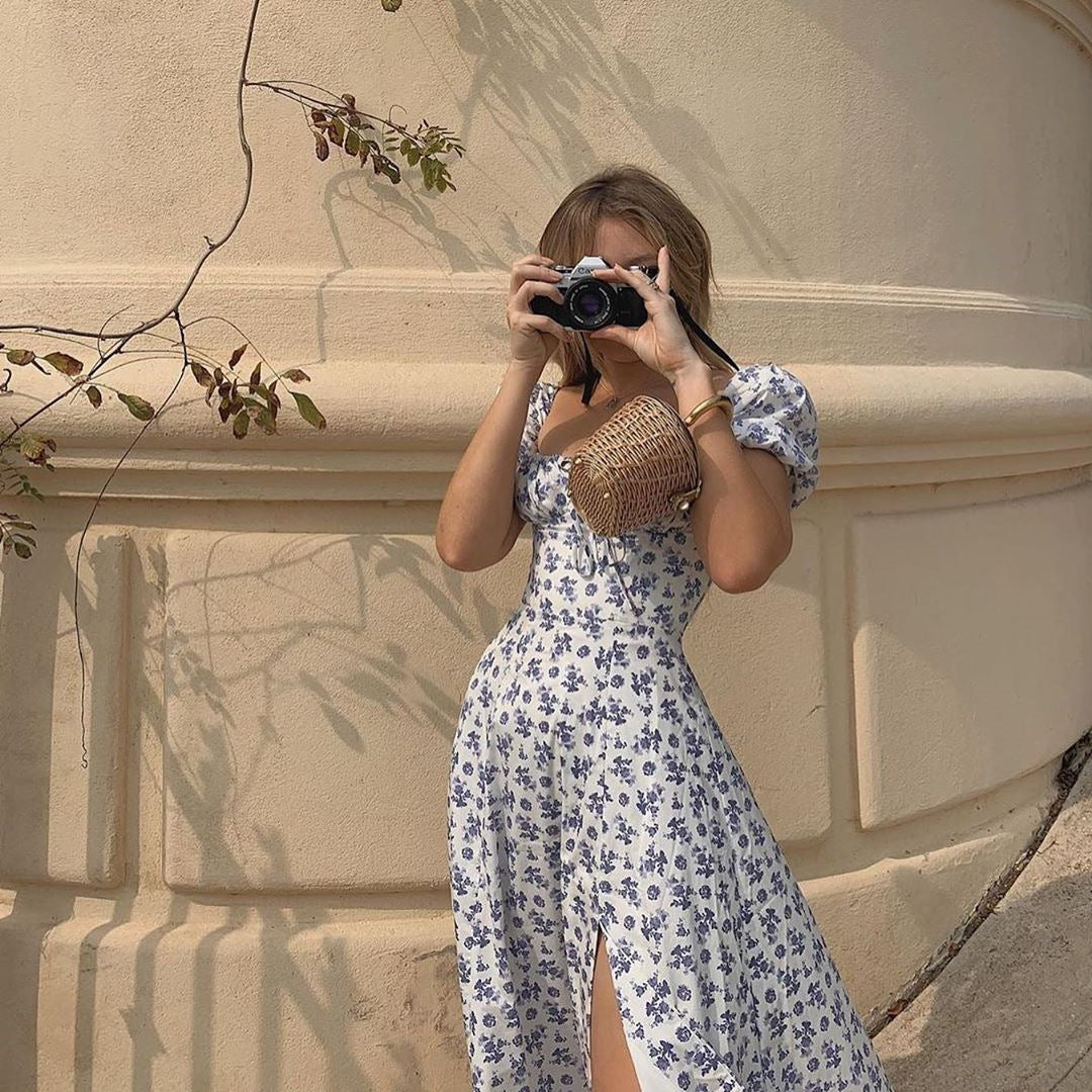 Square Collar Floral Midi Dress