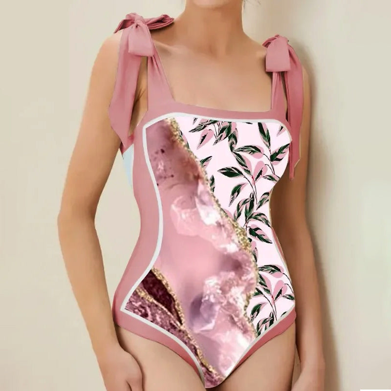 Tie-shoulder Animal Print One Piece Swimsuit and Sarong Flaxmaker