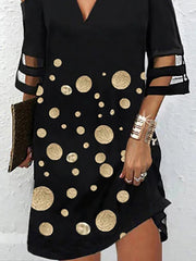 Hollow Mesh Polka-Dot Split-Joint Half Sleeves Loose Cold Shoulder Mini Dresses