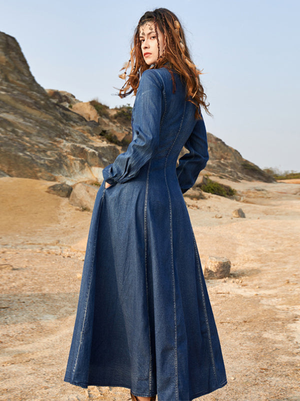 Vintage Bohemia Embroidered A-Line Dress Denim Midi Dress