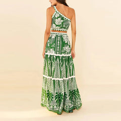 One Shoulder Green Flower Printed One Piece Swimsuit and Skirt