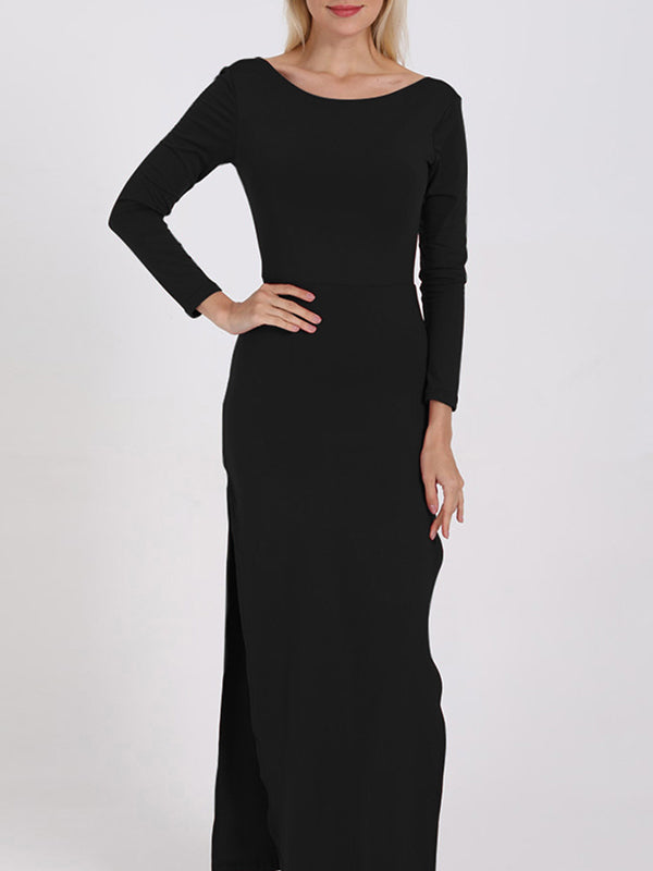 Backless Solid Color Split-Joint Split-Side Bodycon Long Sleeves Round-Neck Maxi Dresses