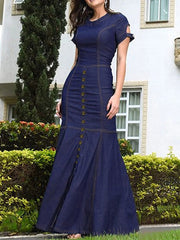 Buttoned Hollow Split-Joint Bodycon Mermaid Round-neck Maxi Dresses