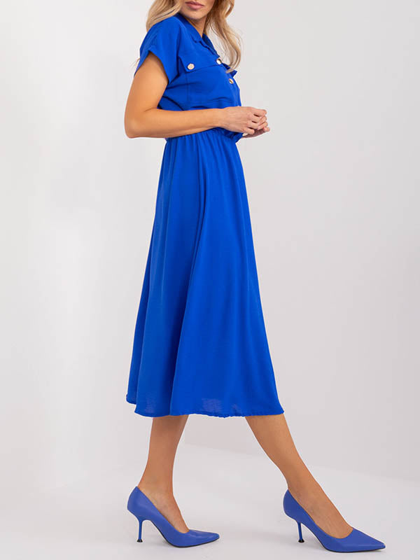Buttoned Pleated Solid Color A-Line High Waisted Lapel Midi Dresses
