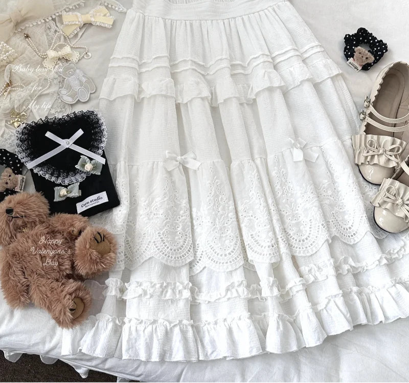Embroidery Lace Floral Bow Ruffles Long Skirt - Sweet A-Line