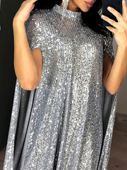 Sequined Shiny Split-Joint Cape Long Sleeves Mock Neck Mini Dresses