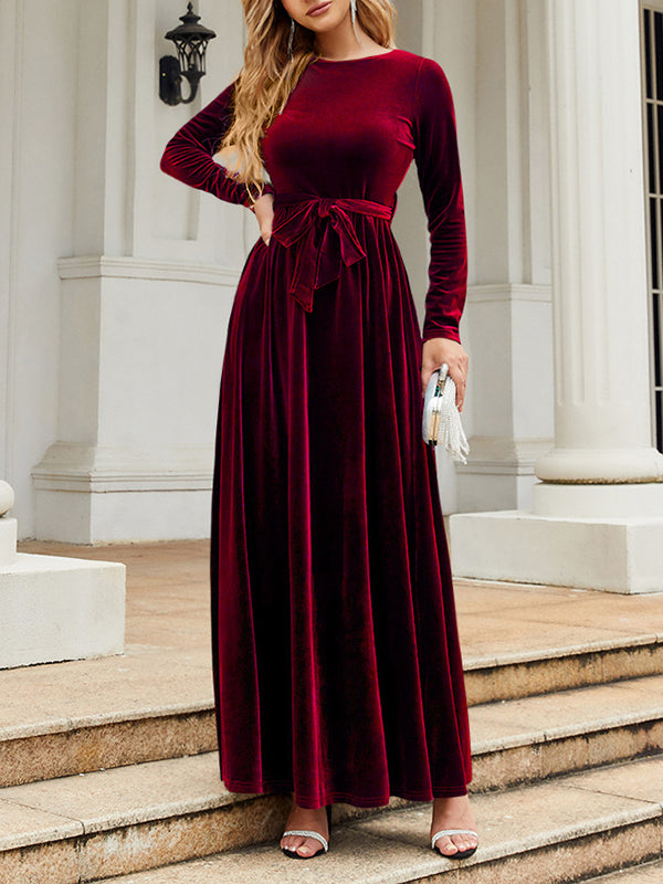 Belted Pleated Solid Color Zipper Long Sleeves Wrap Round-Neck Maxi Dresses