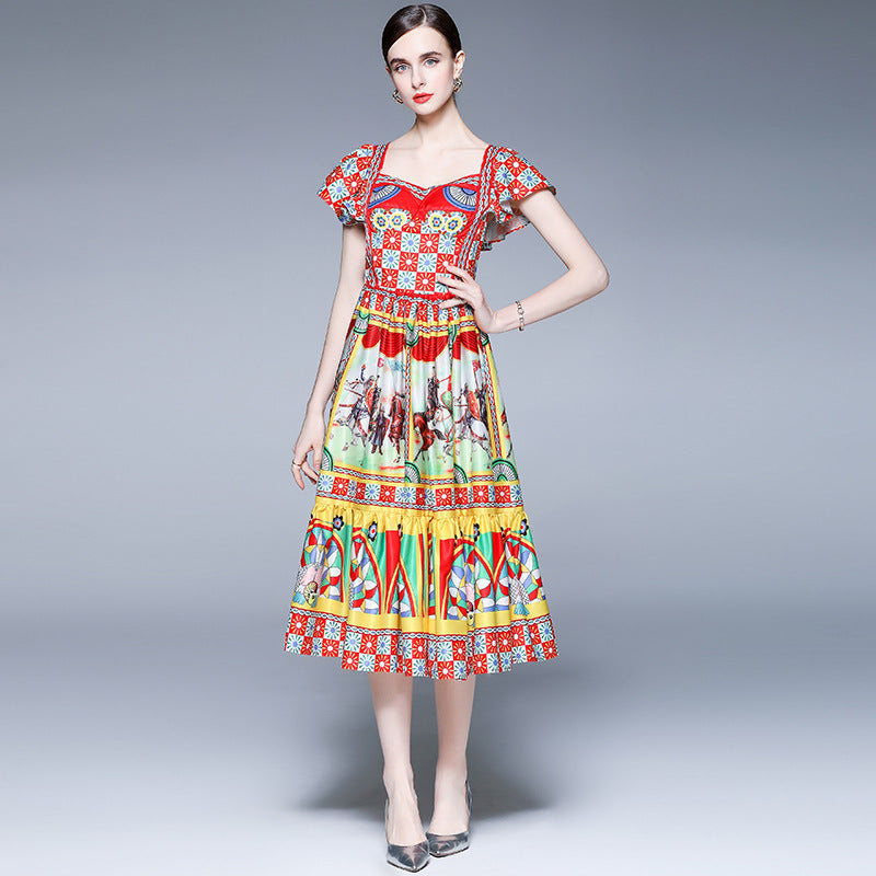 Flaxmaker Temperament Vacation Printed Retro Palace Style Waist Dress