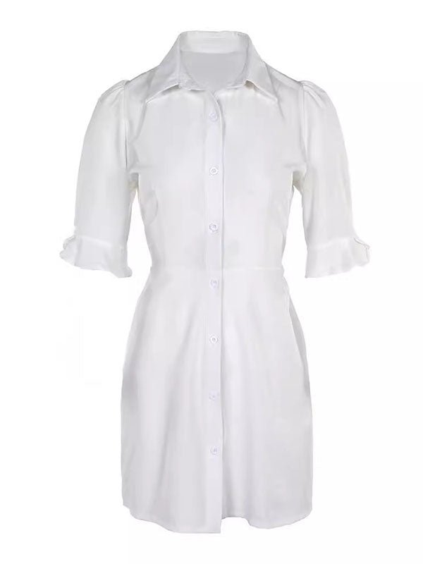 Buttoned Pleated Pockets Solid Color Split-Joint A-Line Flared Sleeves Lapel Shirt Dress Mini Dresses