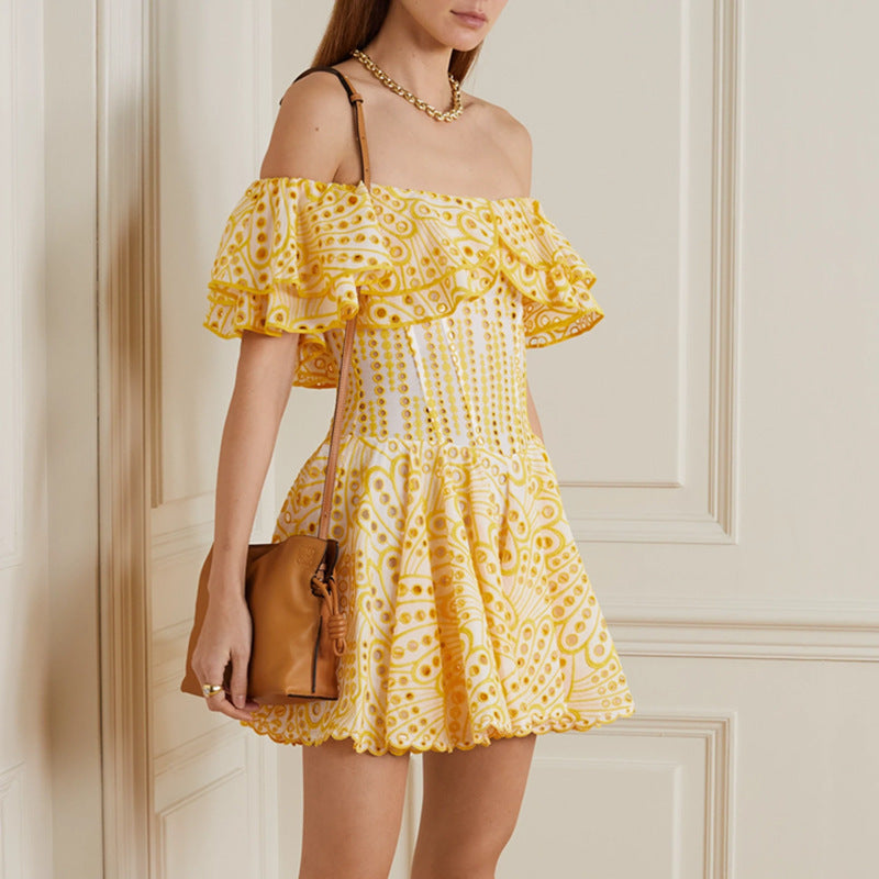 Double Ruffle Embroidery Hollow Out Mini Dress