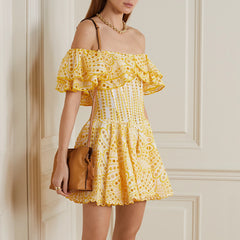 Double Ruffle Embroidery Hollow Out Mini Dress