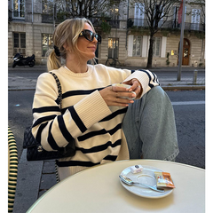 Languid Breeze  Stripes Round Neck Long Sleeve Sweater
