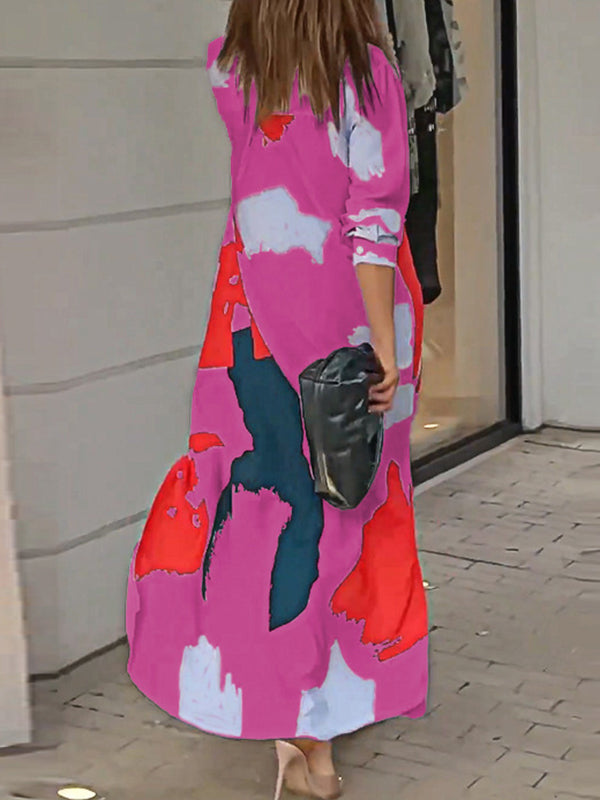 Buttoned Contrast Color Pockets Printed Split-Side Loose Wrap Shirt Dress