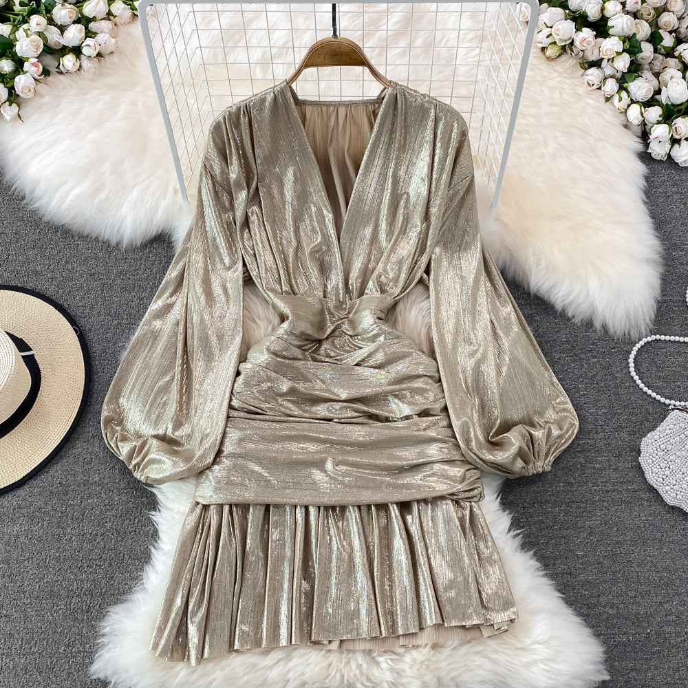 Flaxmaker Long Sleeve Waist V Neck Shiny Dress