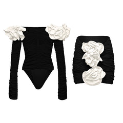 Flaxmaker Black Off Shoulder 3D Flower Long Sleeve One Piece Swimsuit and Skirt