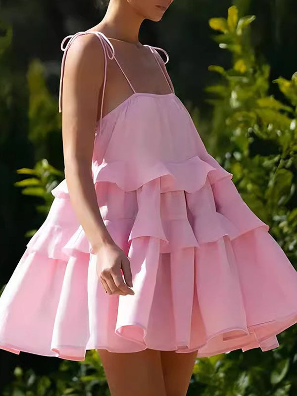 Backless Layered Pleated Solid Color Tied High Waisted Loose Spaghetti-Neck Mini Dresses