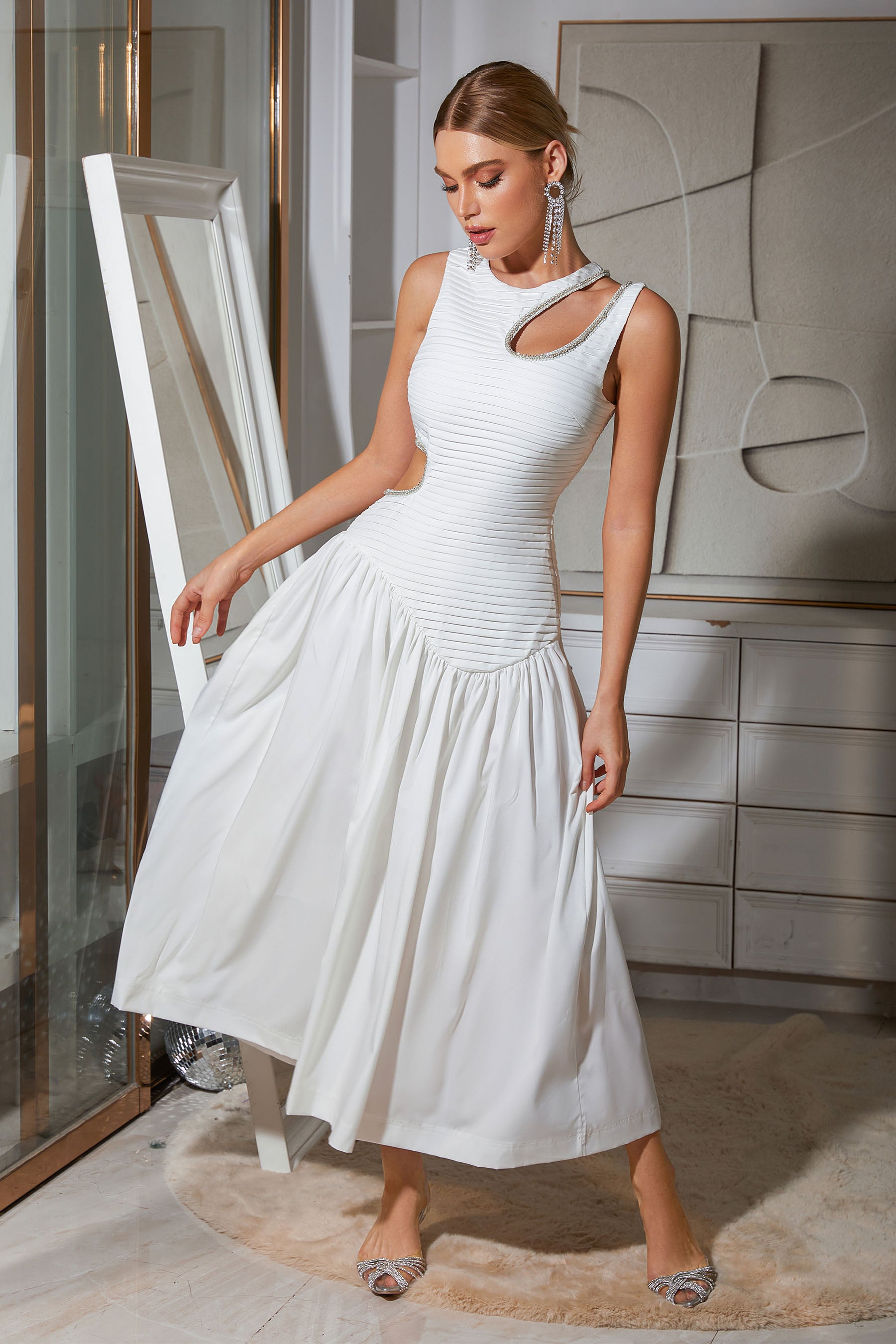 Irregularity Cutout White Maxi Dress Flaxmaker
