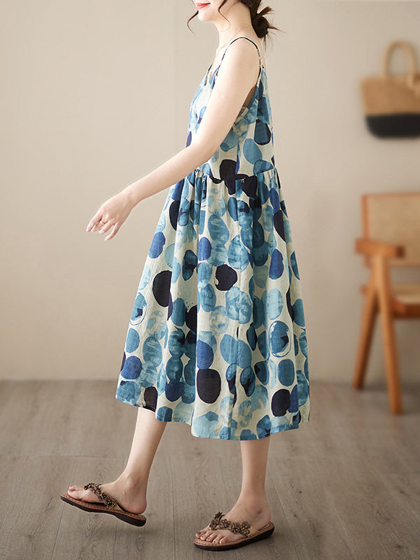 Pleated Printed Split-Joint Loose Sleeveless Spaghetti-Neck Midi Dresses