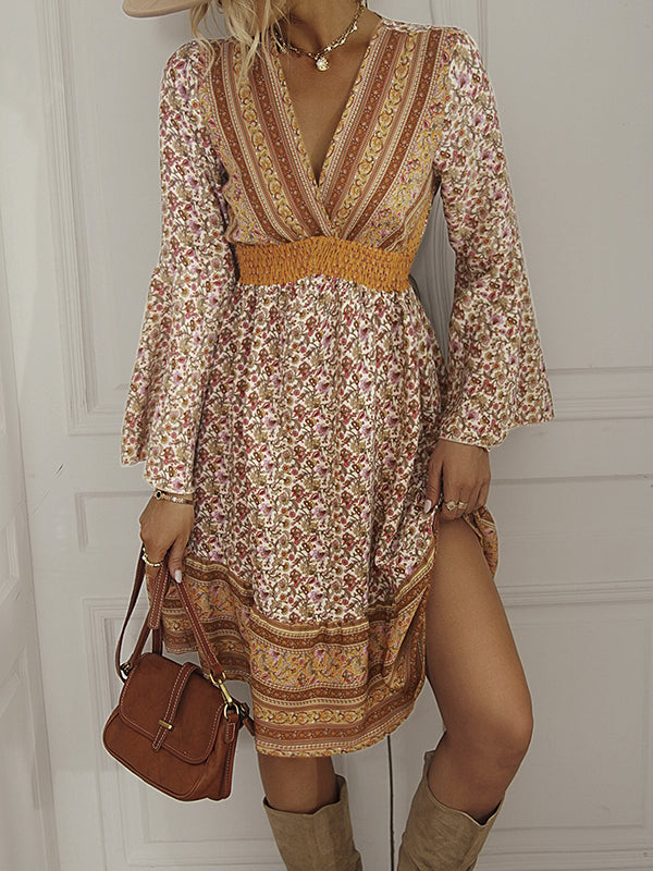 Bohemia High Waisted Long Sleeves Floral Printed V-Neck Maxi Dress