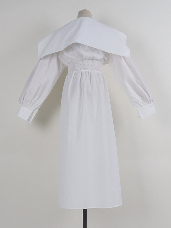 Asymmetric Belted Pleated Solid Color High Waisted Long Sleeves Lapel Midi Dresses